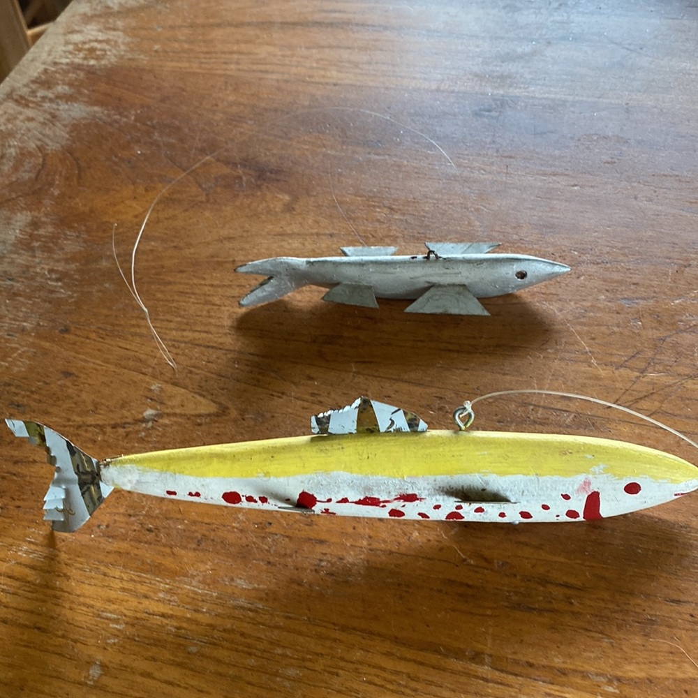 Vintage primitive folk art hand made wooden weighted painted fish decoys